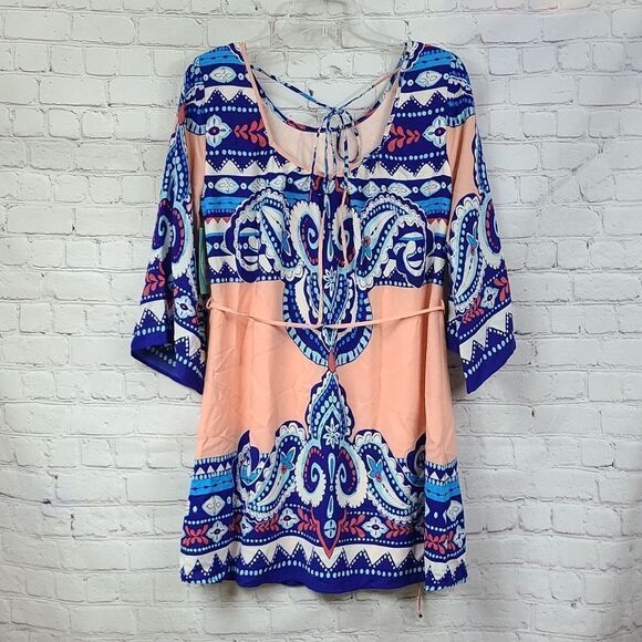 Bohemian NWT Work Dress Peach Blue Boho Printed Flare Sleeve Shift Colorful - Picture 2 of 10